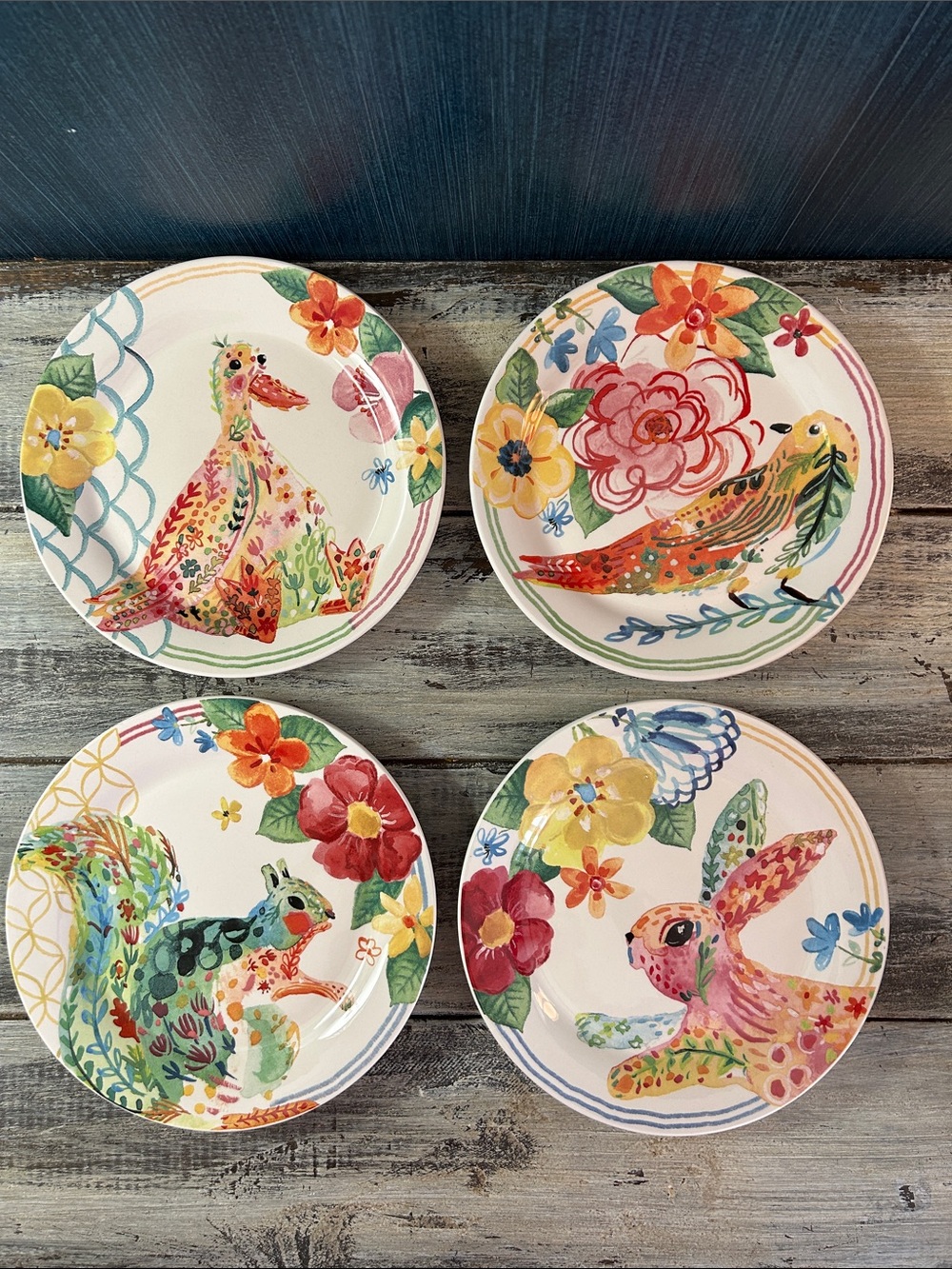 Pier 1 Colorful Floral Animals Ironstone Salad Plates Set of 4
